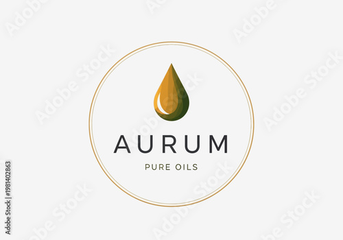 Elegant circular logo featuring a golden drop of oil with the text 'AURUM PURE OILS' beneath, signifying purity and luxury for a premium product