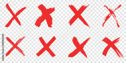 Red cross marks set in grunge brush stroke style. Vector collection of hand-drawn X signs, delete symbols and wrong checkmarks with ink texture for error notification, protest posters and urban design