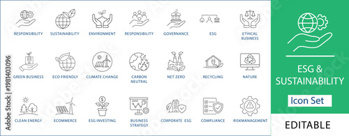 ESG and Sustainability Icon Set Professional Green Business, Net Zero, Carbon Neutral, Climate Change, Clean Energy, ESG Investing, Ethical Governance, Compliance and Risk Management Line Icons.