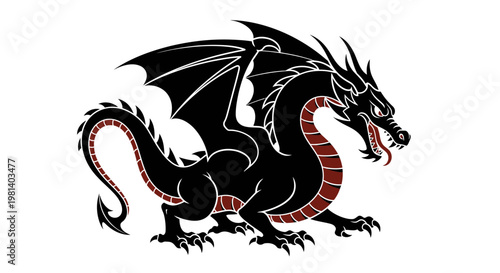 Black Dragon Vector Illustration Featuring Intricate Tribal Style Graphic Design for Fantasy Gaming and Heraldic Emblem Branding Projects