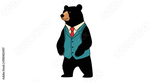 Black Bear in Business Suit Vector Illustration, Professional Anthropomorphic Animal Character Wearing Formal Vest and Necktie for Corporate Branding and Mascot Design