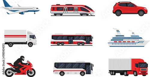 Vector Set of Various Transportation Vehicles Including Airplane, Bus, Car, Motorcycle, Train, Truck, and Cruise Ship for Travel and Transport Projects