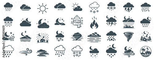 Weather forecast icons set in flat silhouette style featuring various atmospheric conditions and meteorological symbols.