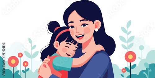 A heartwarming illustration of a loving mother embracing her happy young daughter amidst a cheerful floral background, depicting strong family bonds and affection.