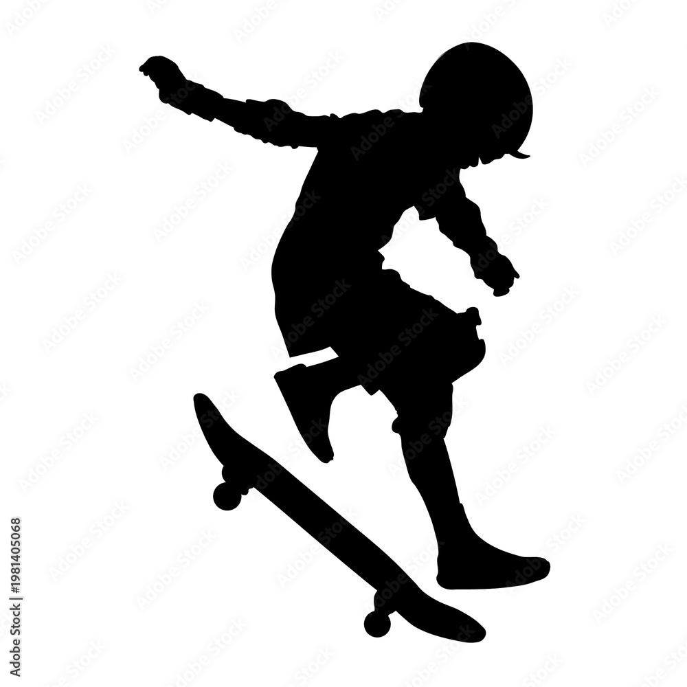 Fototapeta premium A silhouette of a child performing a trick on a skateboard.