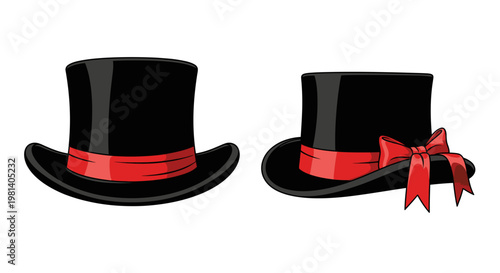 Black Top Hats with Red Ribbon Vector Illustration, Elegant Formal Headwear Set for Magician or Gentleman Costume Design, Isolated Graphic Elements
