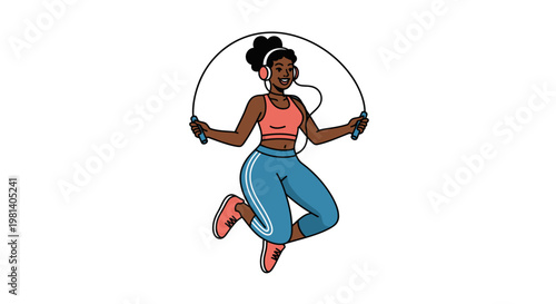 Black Woman Jumping Rope Vector Illustration, Athletic Girl Exercising with Headphones, Flat Style Fitness Graphic for Healthy Lifestyle and Workout Concept