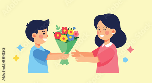 A smiling boy presenting a colorful flower bouquet to a happy woman, a heartwarming gesture of love and appreciation.