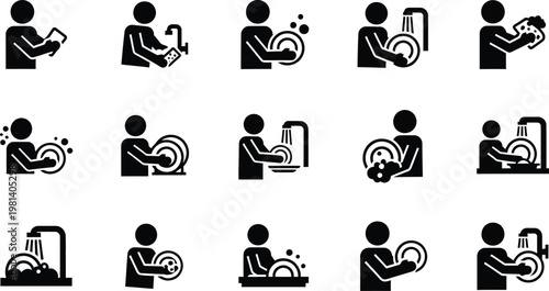Set of icons representing the process of washing dishes and kitchenware with domestic work black and white hand wash