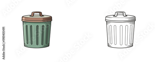 Metal trash can in cartoon and line art style green and brown colors representing waste management and household sanitation for environmental cleanliness projects on white background