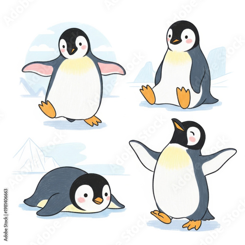 Cute cartoon penguins in various playful poses and expressions