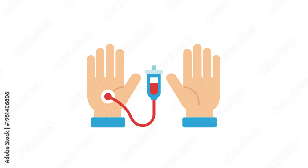 Obraz premium Blood Donation Hand Vector Illustration, Medical IV Drip Infusion Concept, Healthcare Flat Design Graphic for Hospital and Clinical Charity Campaigns