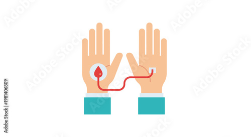 Blood Donation Vector Illustration Featuring Hands Connected by Tubing for Medical Healthcare and Charity Campaigns in a Modern Flat Design Style