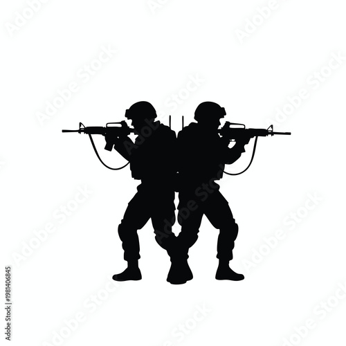 Silhouette of Two Soldiers Back to Back with Rifles Combat Ready