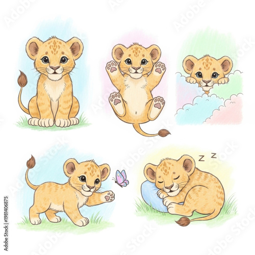 Cute lion cubs in various playful and sleeping poses