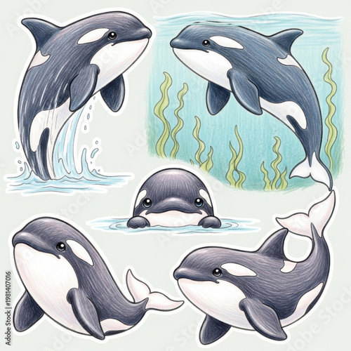 Orca Whales Swimming in Ocean Water with Seaweed