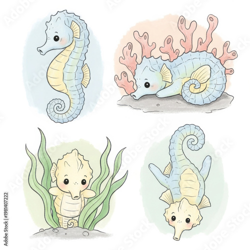 Adorable Seahorse Illustrations in Pastel Colors