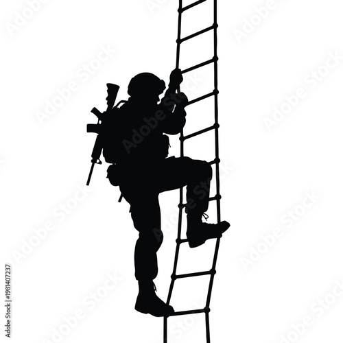 Silhouette of a climber ascending a rope with gear in a mountain adventure scene