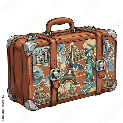 Vintage Travel Suitcase with Scenic Cityscape Illustration for Adventure and Vacation Themes
