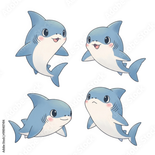 Cute cartoon sharks with happy and sad expressions