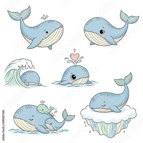 Whale Illustrations with Various Cute Expressions and Scenes