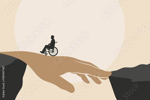Konstfotografi Inclusion for Disability: Wheelchair on Bridge, Help, Care, Kindness & Connectio