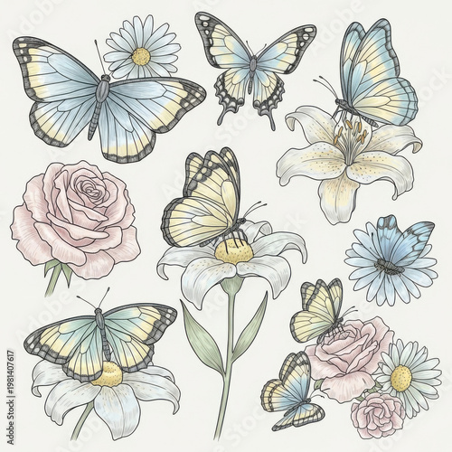 Colorful butterflies and flowers illustration