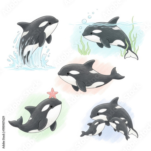 Whimsical illustrations of orcas in various underwater scenes