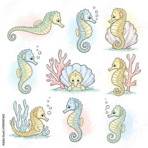 Seahorses in colorful coral reef illustration set