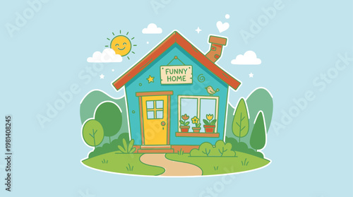 Funny Cartoon House Character Cute Home Building Vector Illustration