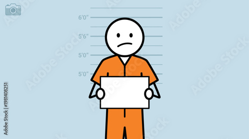 Criminal Mugshot Police Arrest Cartoon Character Holding Blank Sign Vector Illustration