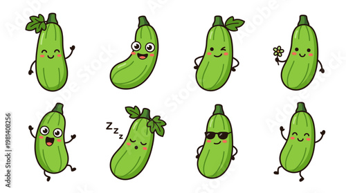 Funny Zucchini Cartoon Vegetable Character Food Vector Collection