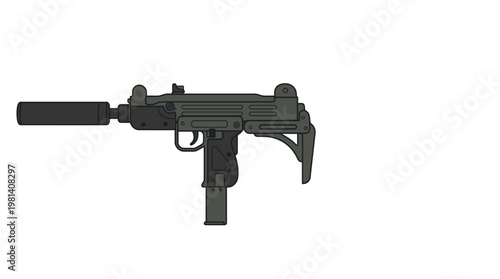 Micro Uzi Submachine Gun With Silencer Folded Stock Detailed Weapon Vector Illustration