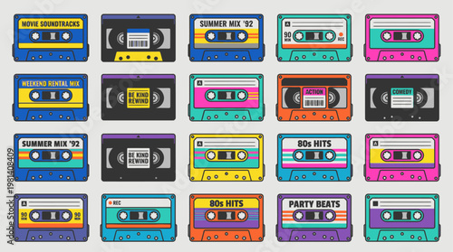 Retro Cassette Tape Collection Vintage 80s 90s Music VHS Style Vector Set