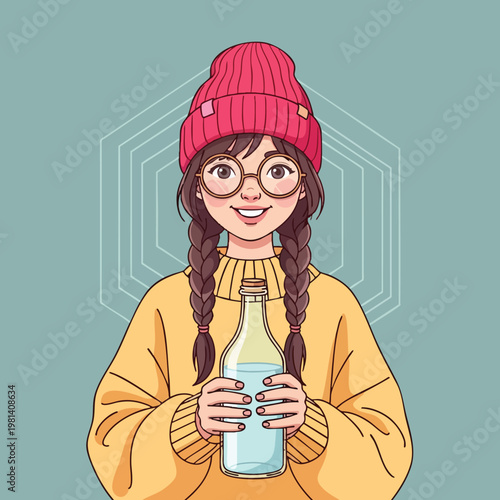Young Girl in Cozy Winter Clothing Holding a Glass Bottle with Milk