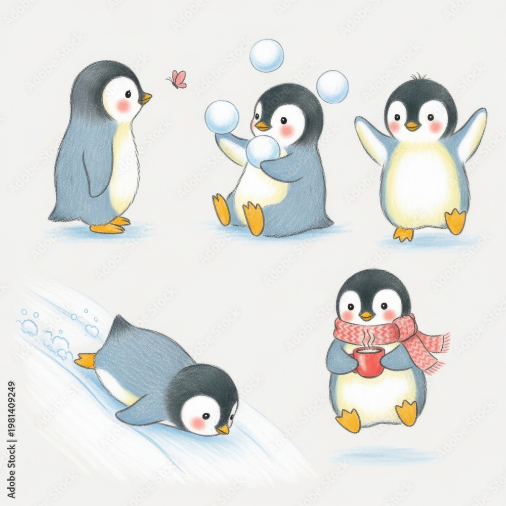 Obraz premium Adorable penguins playing in winter wonderland with bubbles and hot chocolate