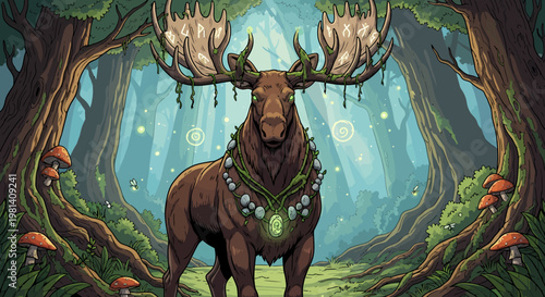 Elk with ornate antlers and jewelry.