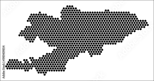 Kyrgyzstan hexagon map. Plain black and white dotted shape template. Country tiny hexagon cells. Kyrgyzstan flat honeycomb template. Vector Illustration.