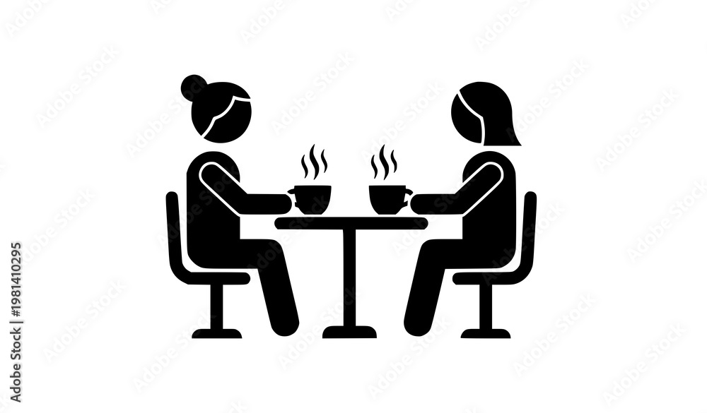 Fototapeta premium Minimalist coffee meeting icon with two people sitting at table drinking hot beverages flat vector illustration