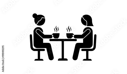 Minimalist coffee meeting icon with two people sitting at table drinking hot beverages flat vector illustration
