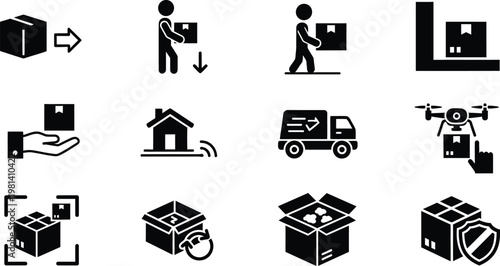 Shipping and delivery icon set: packages trucks drones logistics symbols with supply chain black and white shipping