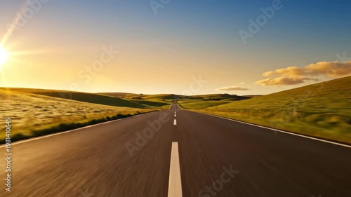 Empty asphalt road through green hills at golden sunrise with motion blur