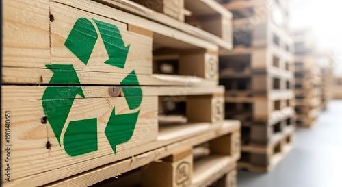 Stacked wooden pallets, marked with a green recycling symbol, in a warehouse setting