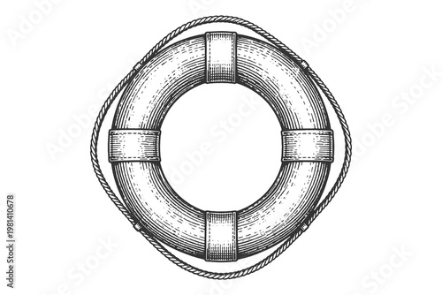 Marine life ring vector illustration in hand drawn vintage woodcut style, safety float icon for nautical theme and maritime rescue equipment design.