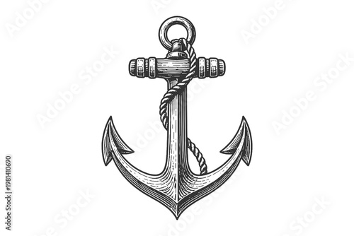 Fotografie Classic maritime anchor vector illustration in hand drawn engraving style, vintage navy symbol icon with rope for nautical and marine design