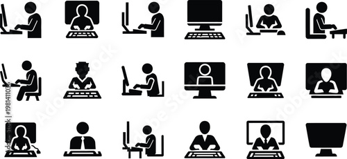 Compilation of icons showing individuals interacting with computers and monitors representing office work digital tasks