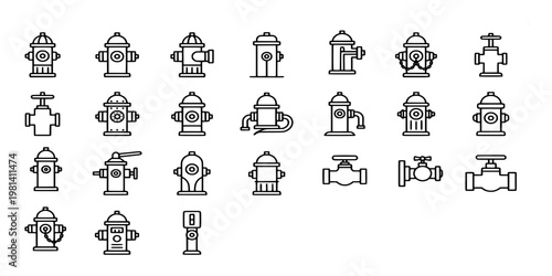 icon set collection of fire hydrants and industrial water valves representing fire safety, emergency equipment, and plumbing infrastructure systems.