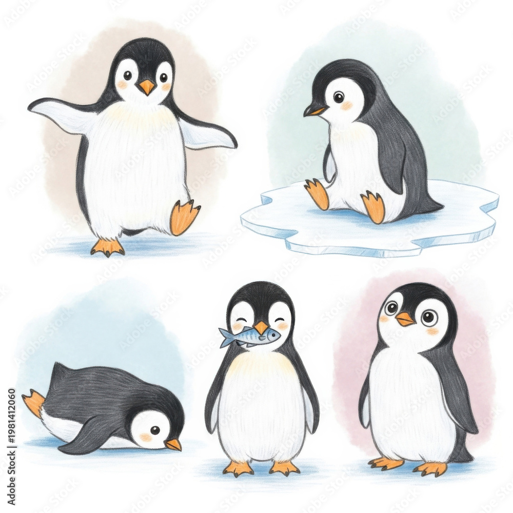 Obraz premium Adorable cartoon penguins in various playful poses and colors