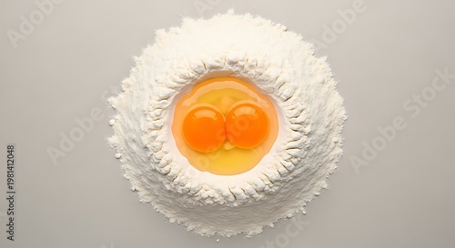 Top-down shot of a flour nest with two egg yolks, ready for cooking preparation