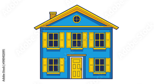 Blue House with Yellow Shutters Vector Illustration, Flat Residential Building Icon for Real Estate and Home Concept Design